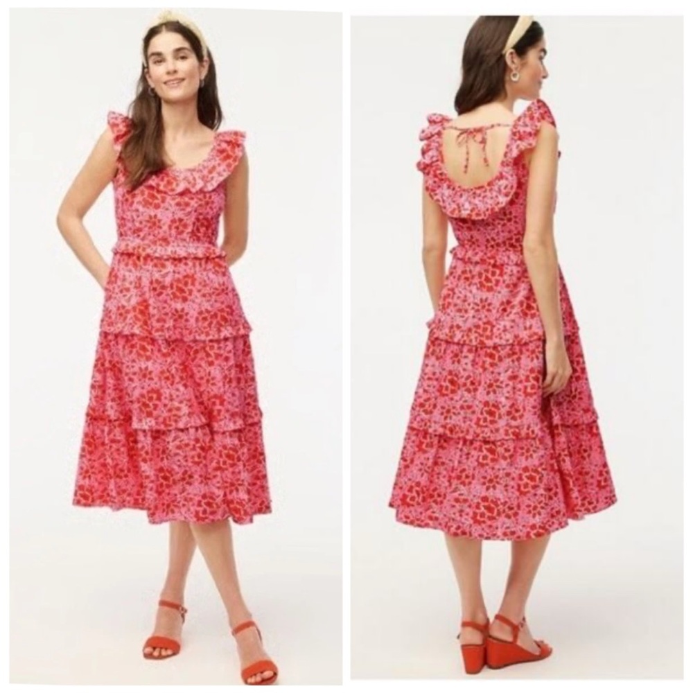 J Crew Factory BZ795 azalea Red pink Ruffle Floral Tiered Sundress Dress sz 6
